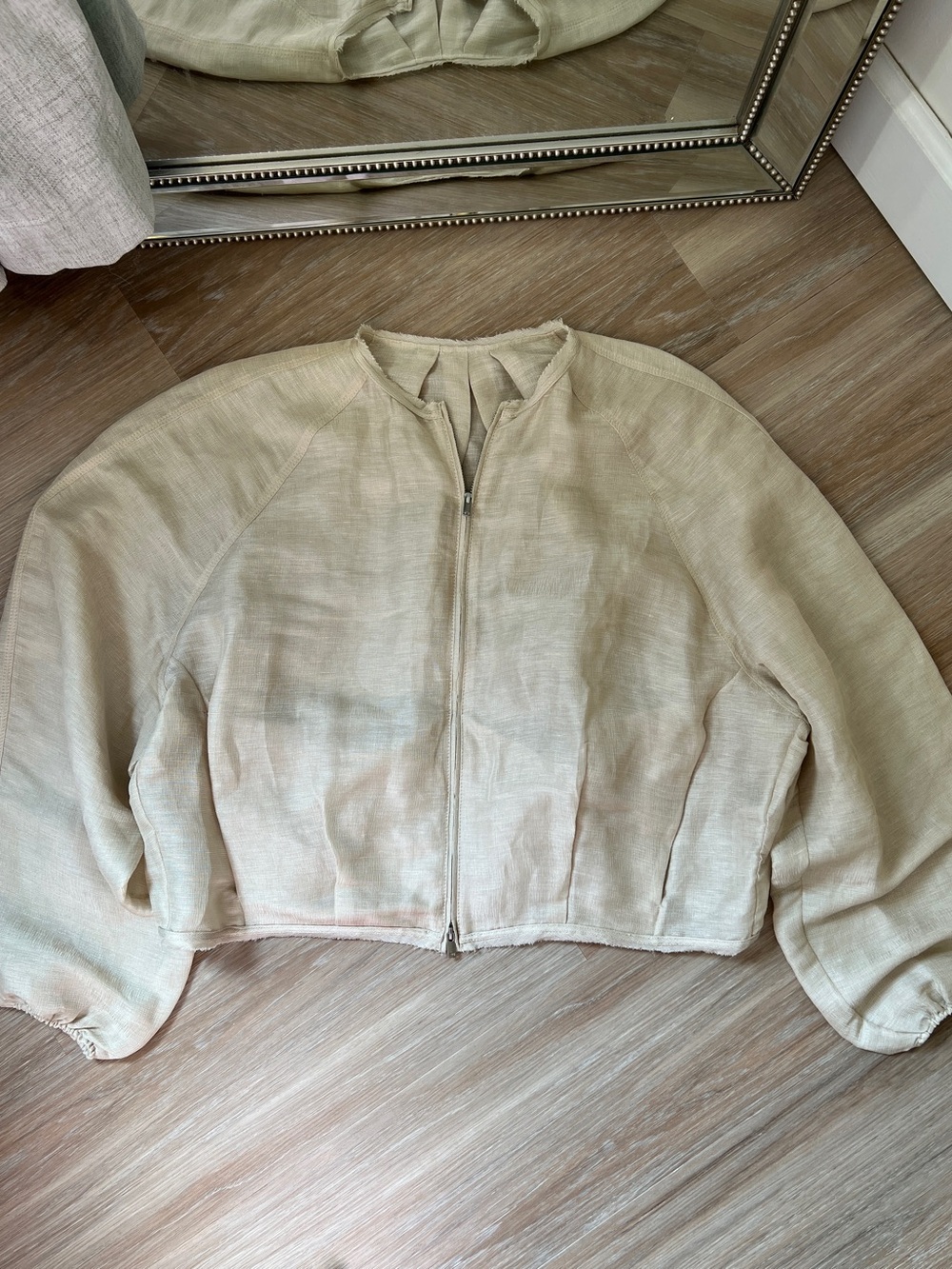 Massimo Dutti Linen Silk Bomber Jacket Beige Cropped Balloon Sleeve M women’s - Picture 2 of 11